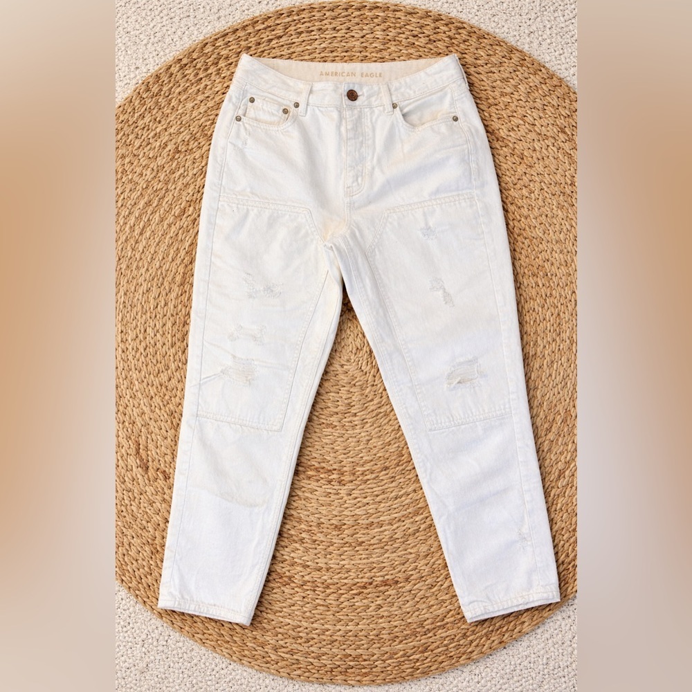 American Eagle High Rise Tomgirl Jeans White 100% Cotton Distressed Size 14